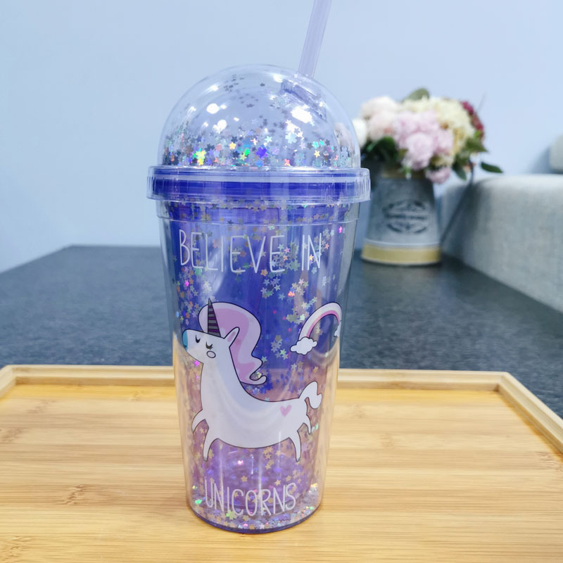 Taza de agua directa de fábrica patrón personalizado unicornio taza ins chica corazón doble capa taza de paja de plástico taza