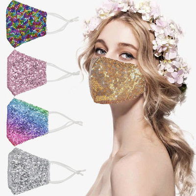 2pcs sequin Reusable Face Masks can be inserted into the filter piece dust-proof and breathable Sequin cotton Reusable Face Masks