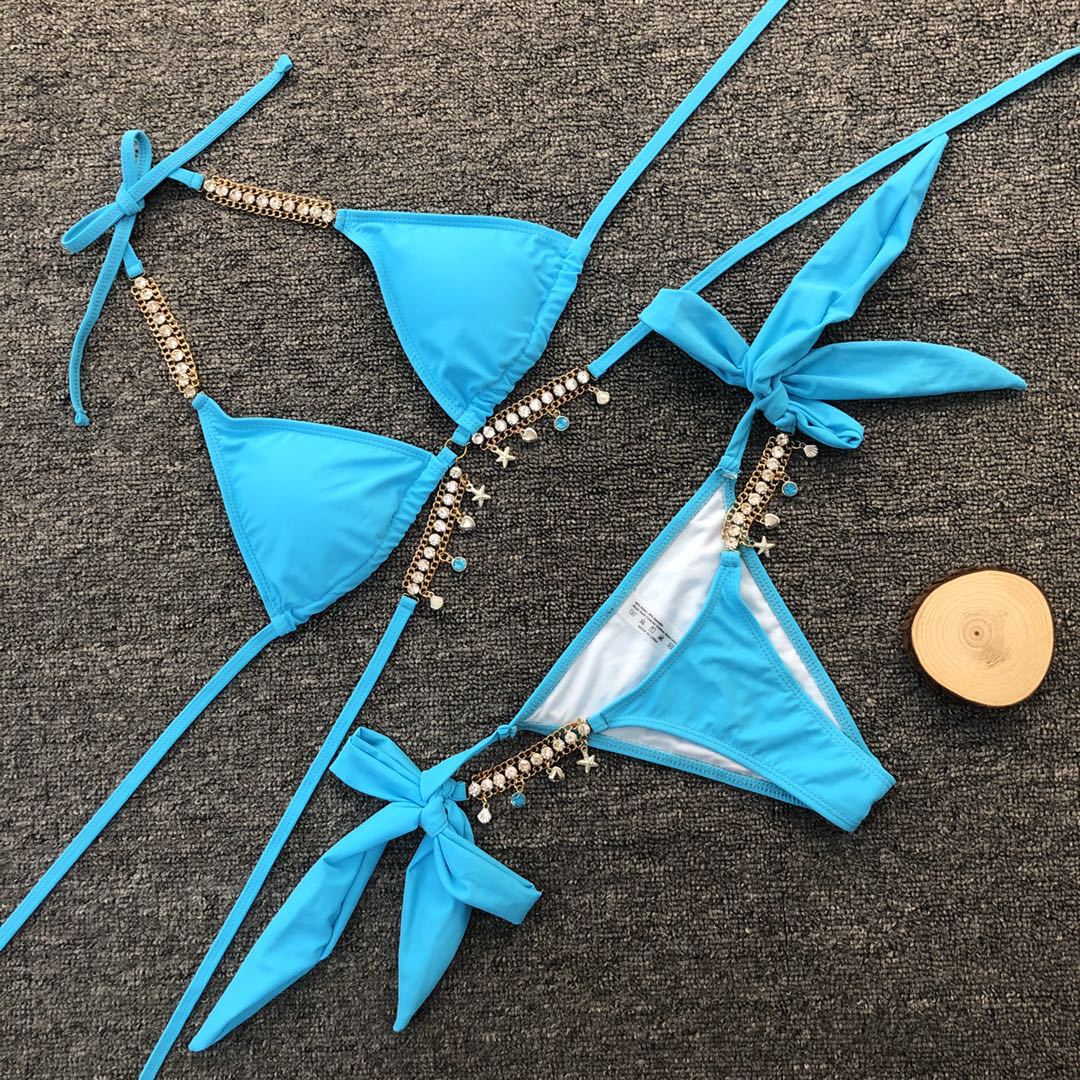 Lake blue crystal diamond straps triangle sexy bikini gather swimwear NSZO1423