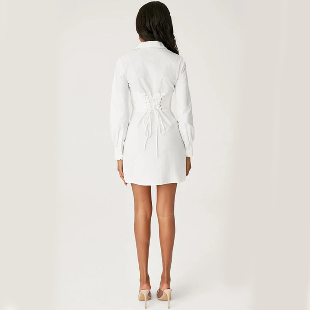 Spring and summer Lapel low chest white shirt dress with thin waist and lace up dress