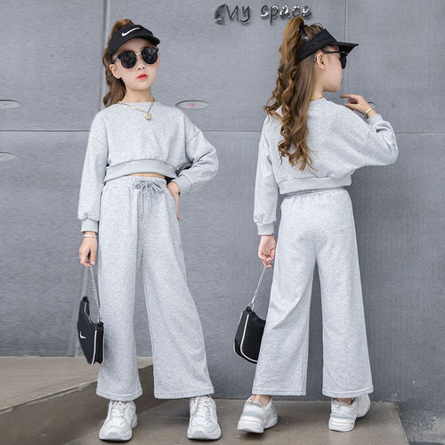 Girl's Set Autumn New Fashion Korean Version Middle Size Child Trendy Internet Star Short Sleeve Sweatshirt Wide Leg Pants Fashion