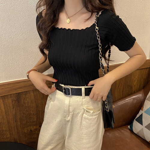 Short White Top for Women, 2025 Summer Ins-style Korean-style Off-shoulder Short-sleeve T-shirt with Knitted Base Layer