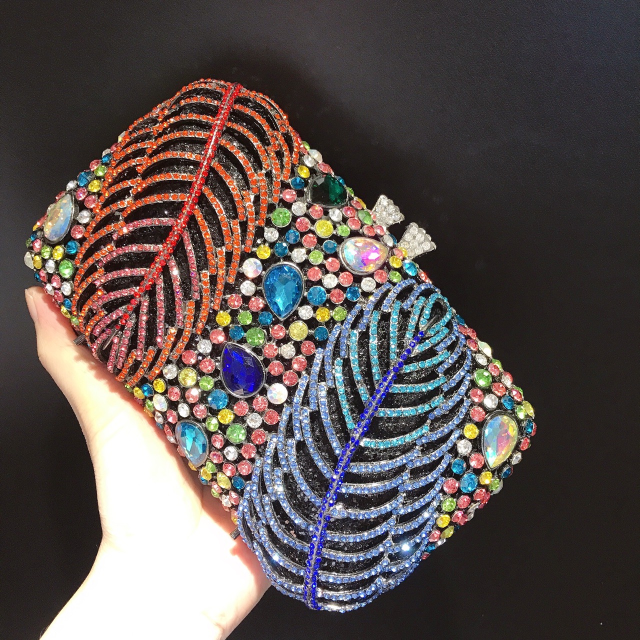 Túi clutch dạ tiệc nữ đính đá rhinestone lông vũ kim loại — Cá tính đặt làm chi tiết 1