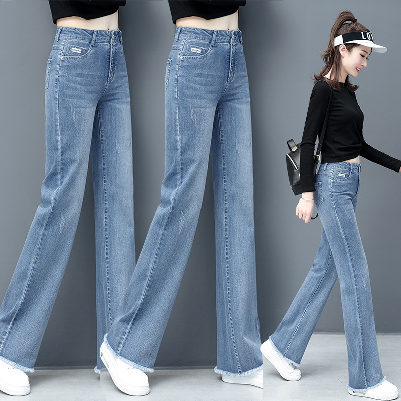 New Denim Wide Leg Pants Women's Summer Loose High Waist Straight Leg Pants Women's Burr Edge Elastic Denim Pants Autumn