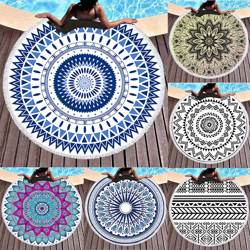 Factory direct European and American wind microfiber beach shawl thermal transfer tassel round beach towel