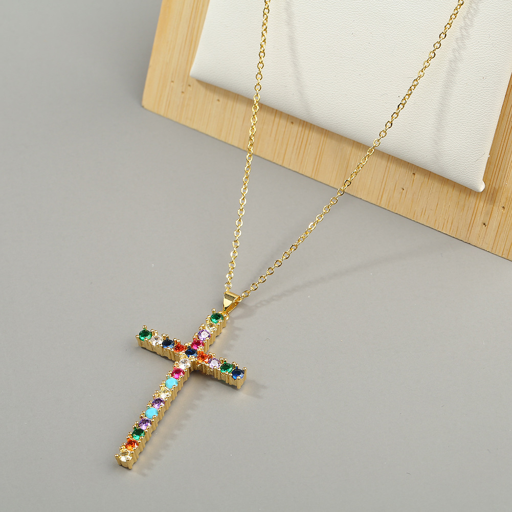 Copper Micro-inlaid Colorful Zircon Cross Pendant Necklace display picture 6