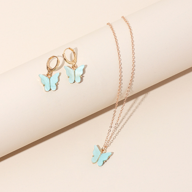 10g Weight Necklace Classification Wedding, Travel Occasion Alloy Material Circle Pattern Women'S Gender Pink, Purple, Green, Yellow Color Girls Fashion Butterfly Pendant Sen Earrings Clavicle Chain Super Fairy Earring Necklace 1