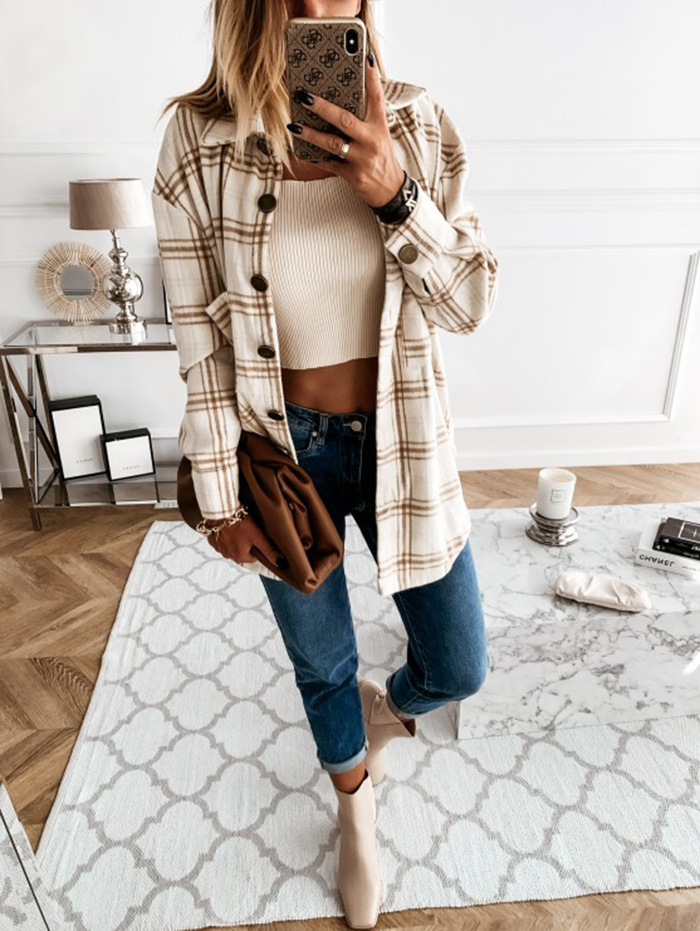 casual loose retro plaid long-sleeved shirt jacket NSBTY62700