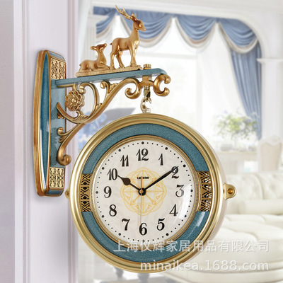 欧式双面挂钟客厅大气两面静音美式轻奢时钟石英钟表创意家用挂表