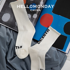 34315HELLOMONDAY white crew socks for women, mid-calf, letter street style, for men, student, sports, ribbed, thickened