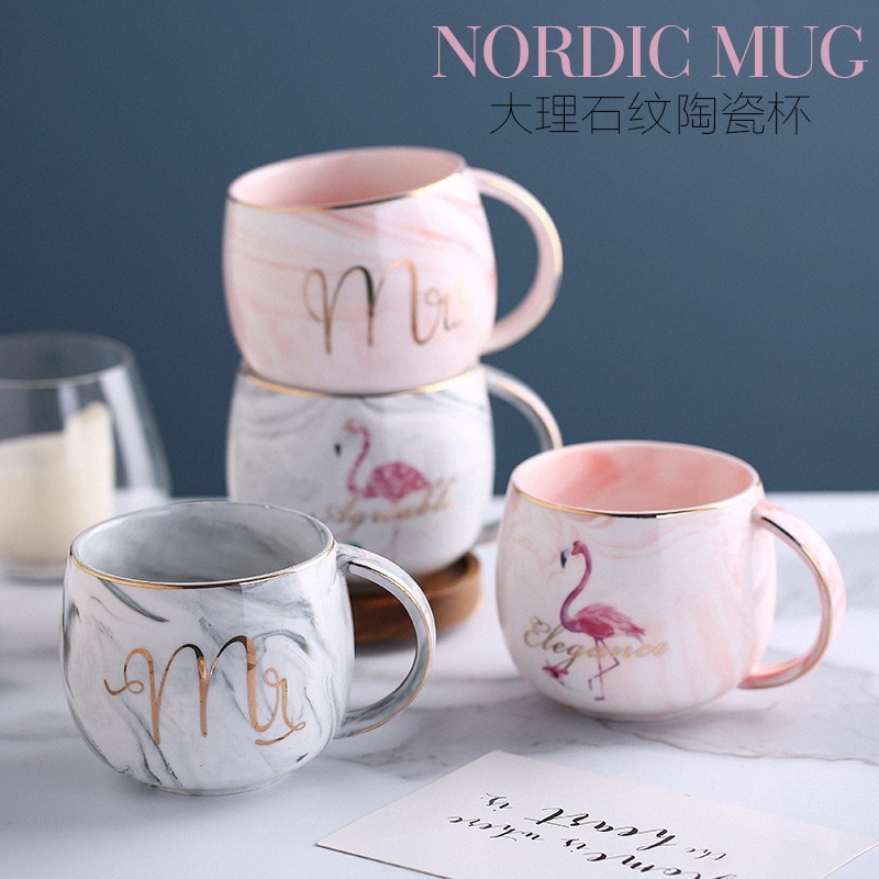 北欧フラミンゴ蓋付き大理石紋カップ陶磁器朝食カップ牛乳カップ大容量カップコーヒーマグカップ|undefined
