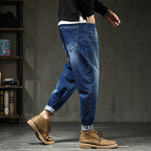 Men's plus size wide leg jeans, fat person small foot pants, straight leg loose elastic jeans, men's clothing
