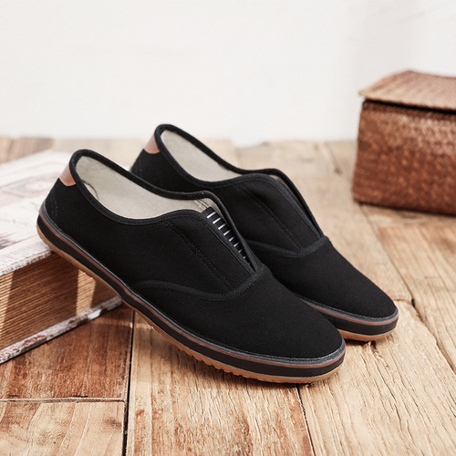 Old Beijing Style Cloth Shoes, Square-Toe Casual Black Low-Top Solid Color Cotton Shoes, Durable and Slip-Resistant Work Shoes