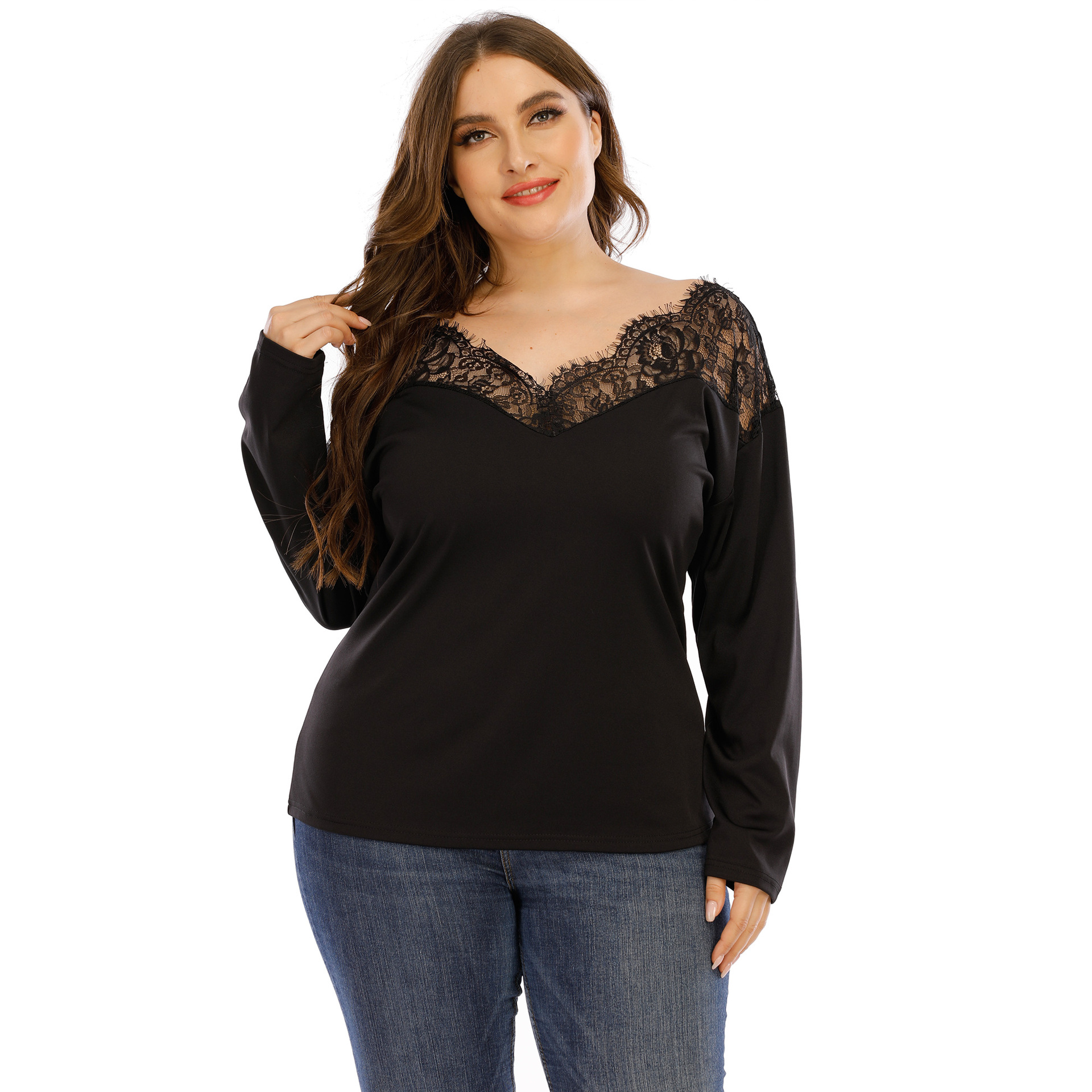 Large Size Sexy See-Through Lace Stitching Top NSOY26824