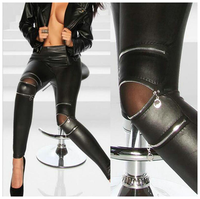 Dameskleding leren leggings met drie ritsen, afslankende leren broek, gesplitste leggings_voghion.com