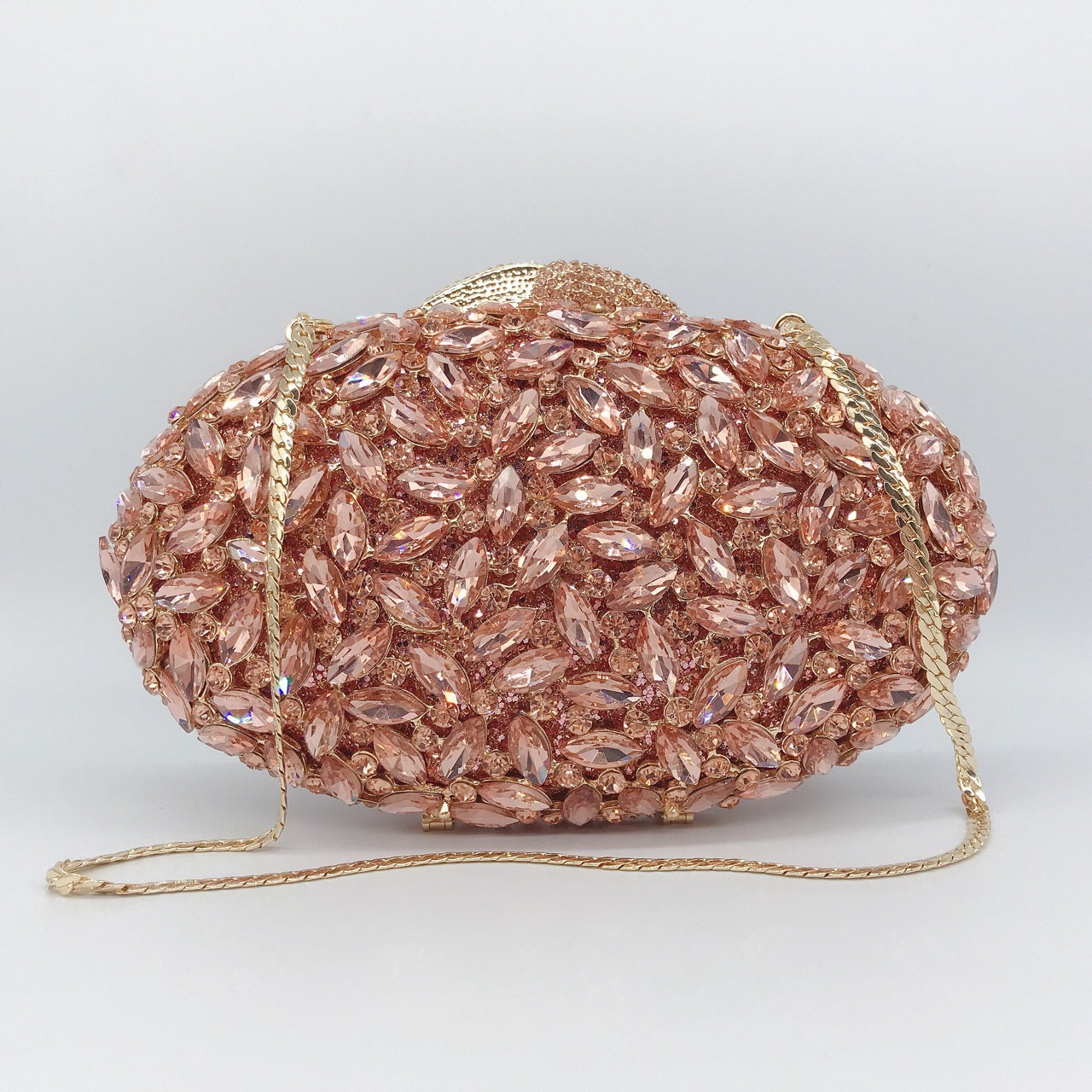 Túi clutch dạ tiệc nữ đính kim cương kim loại rỗng, cầm tay thời trang — Màu Sâm panh