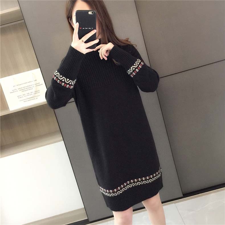 Vestido suéter de longitud media para otoño e invierno, camisa básica para mujer, nuevo estilo coreano, holgado, con cuello medio alto, a rayas, de punto, con mangas largas.