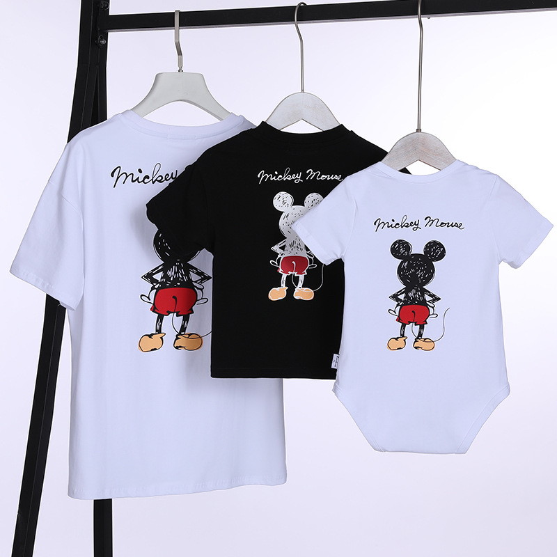 Summer new parent-child short sleeve family of four Mickey print round neck T-shirt Korean fashion sports black and white