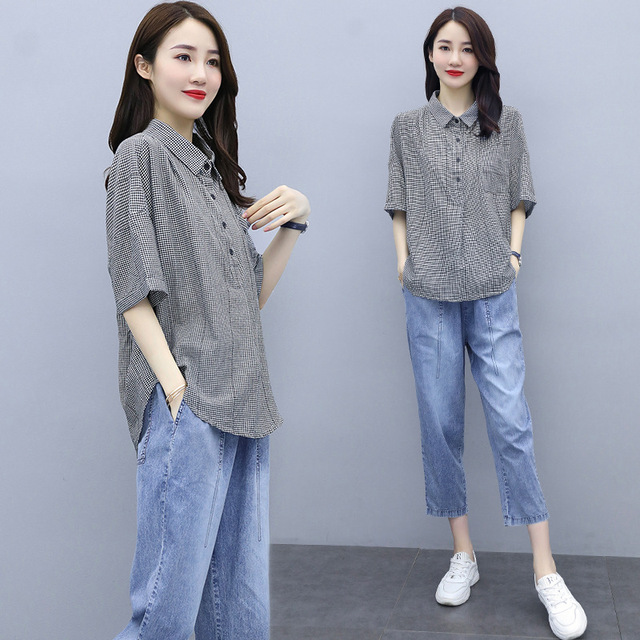 Short sleeve shirt summer Korean loose Plaid Shirt women personality back lace up women’s top