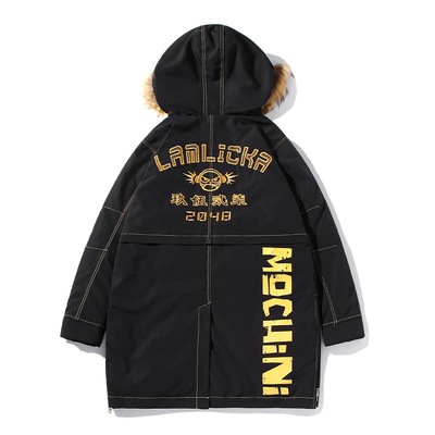 冬季男裝刺繡字母連帽立領貉子毛防風中長款保暖面包服棉服外套潮