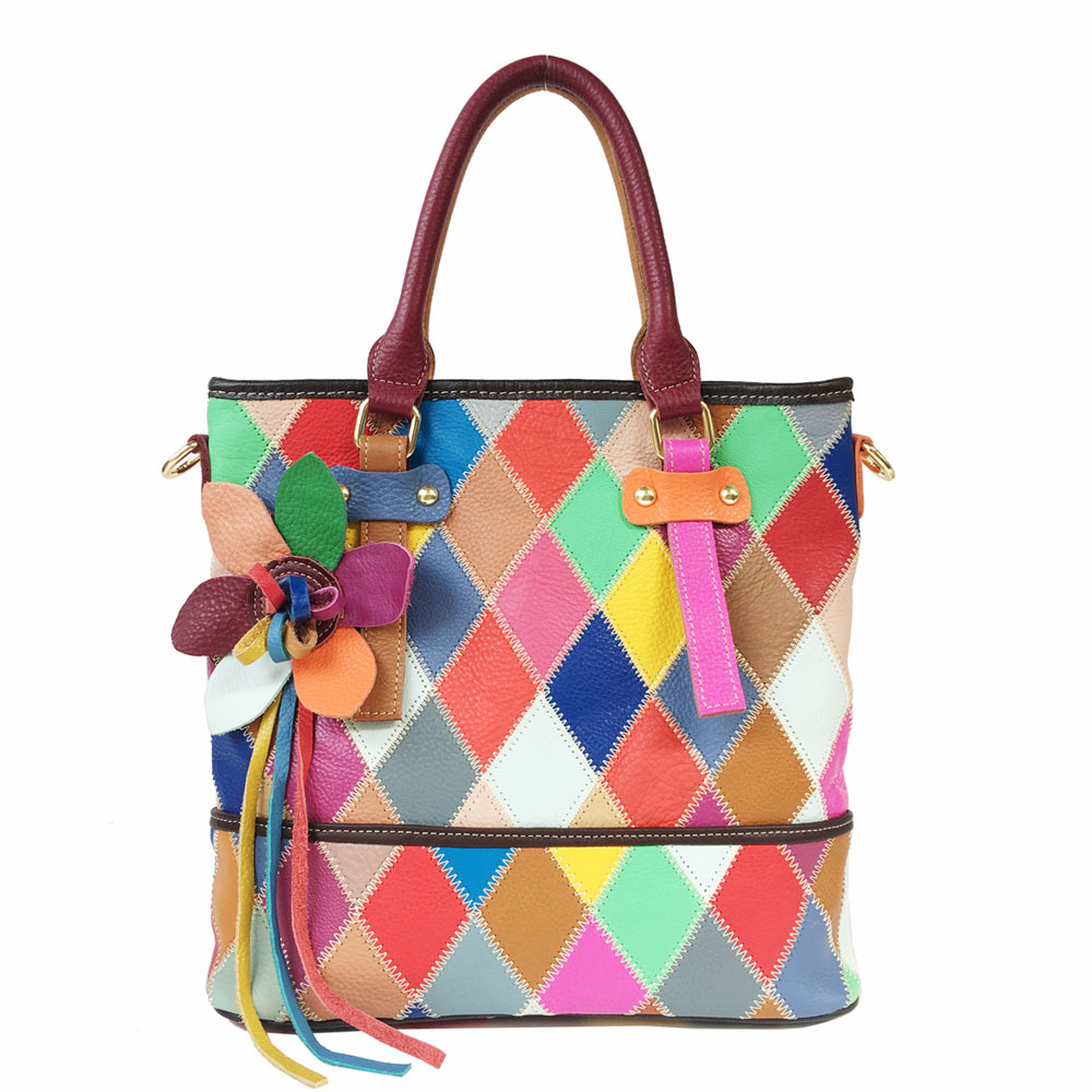 Damen Handtasche Aus Echtleder, Bunte Beuteltasche Mit Muster_voghion.com