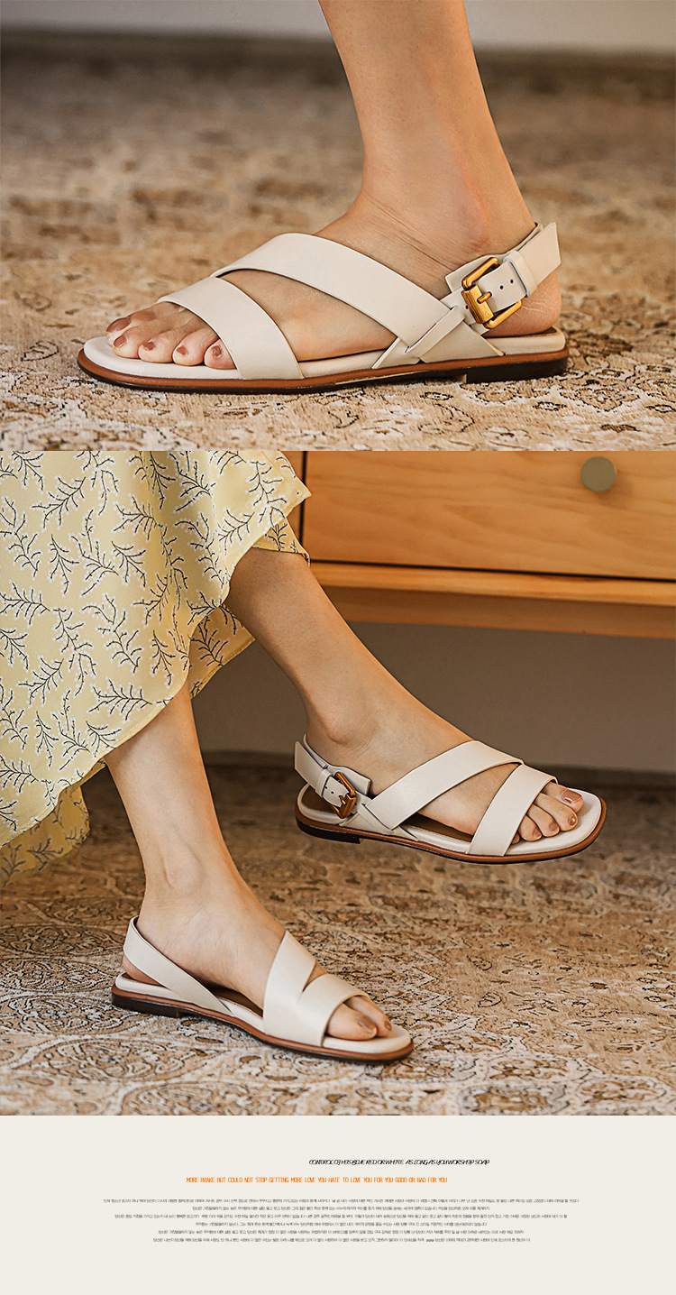 Sandal nữ đế bệt phong cách La Mã da bò hở ngón mùa hè — Màu nâu chi tiết 10