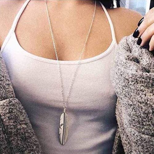 European and American cross-border accessories Bohemian-style fashionable leaf necklace for men and women, long feather tassel sweater chain pendant