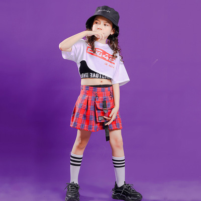 Children girls pink plaid jazz dance costumes girls Girls boys hiphop street singer rapper jazz dance outfits