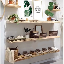 服裝店自然邊實木包架貨架 一字板隔板層板 創意鞋店牆上置物鞋架