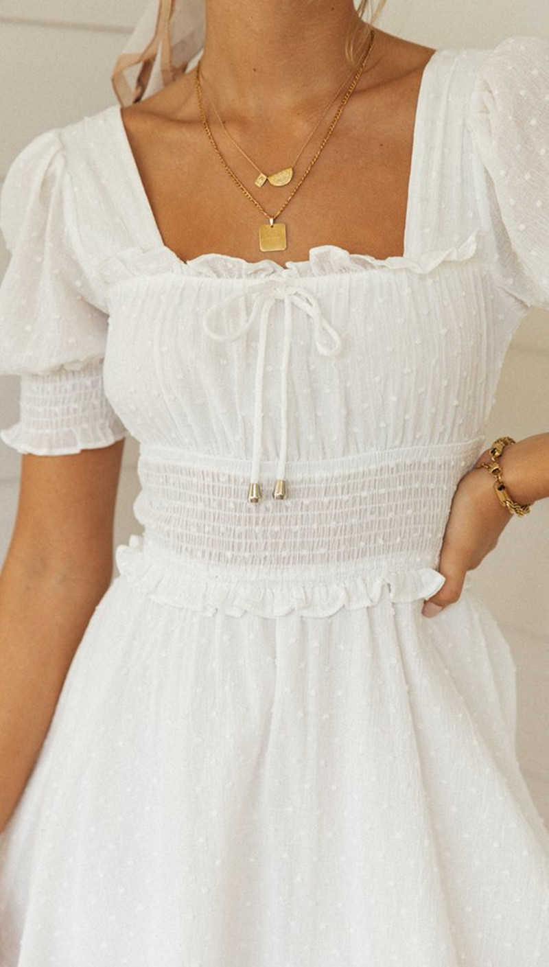 Solid Color Square Neck Puff Sleeve Lace-up Backless Dress NSJKW120434