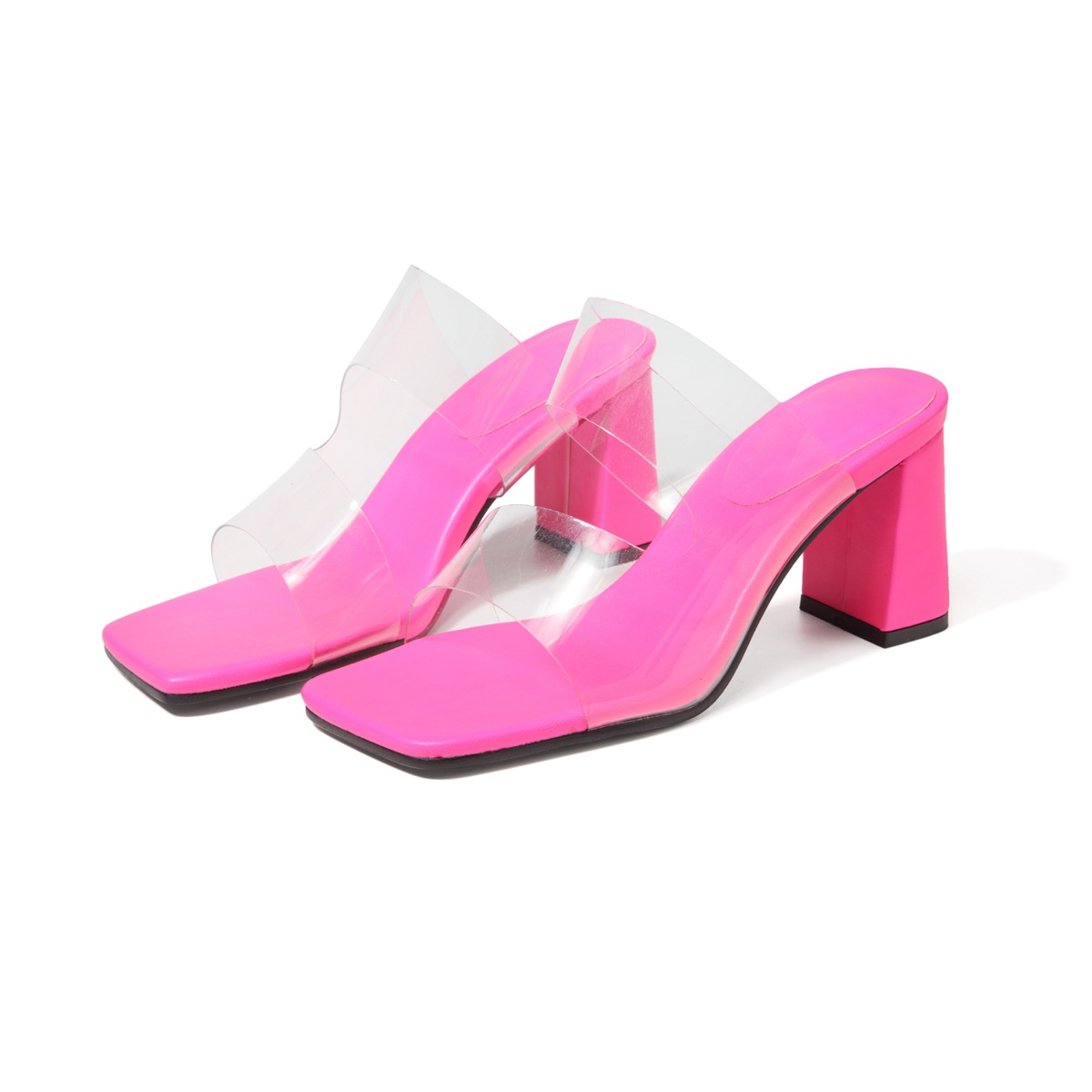 Candy-colored sandals Fashion high heels Transparent PVC flip-flops with high heels and square toe_voghion.com