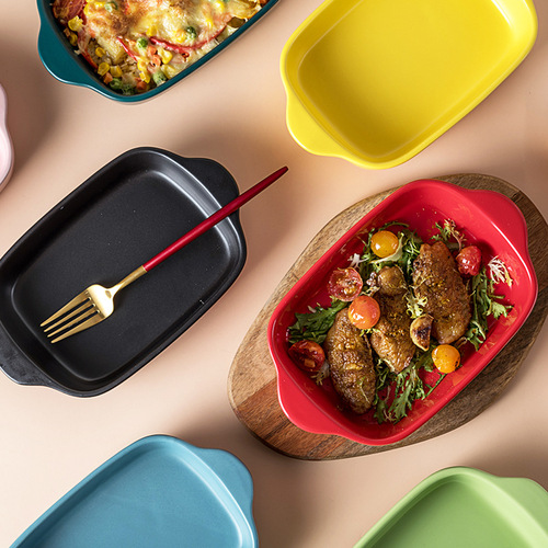 Macaron color ceramic double-eared microwave oven baking pan, cheese baked rice plate, home restaurant fruit plate, steak pasta plate
