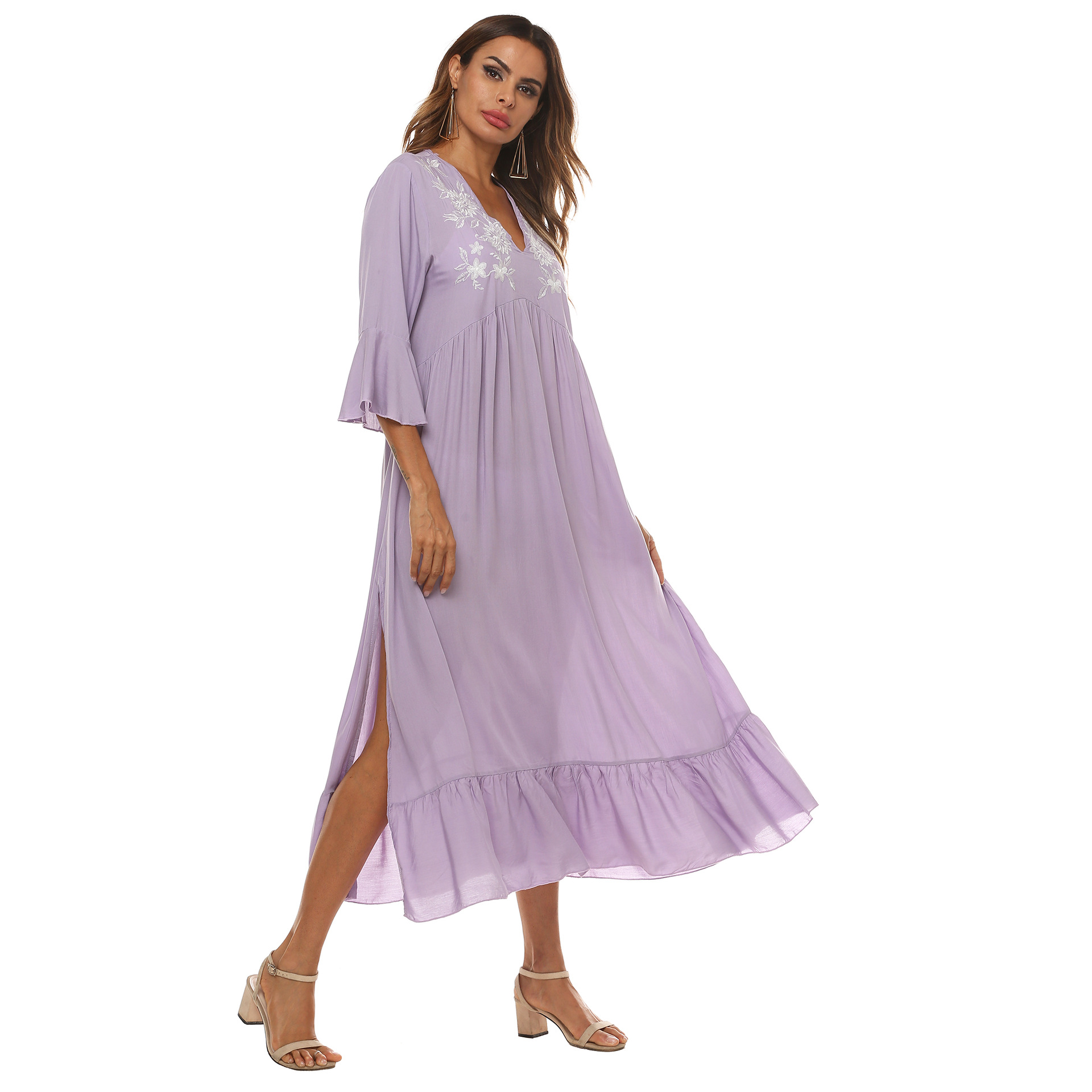 embroidered V-neck ruffled large hem dress  NSOY32637