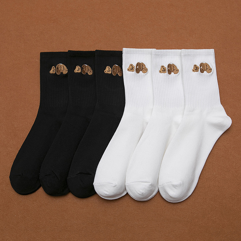 Palm Palm Tree Angel Broken Bear Embroidered Women's Socks ins Trendy European and American Sports Solid Color Mid-length Socks for Men and Women