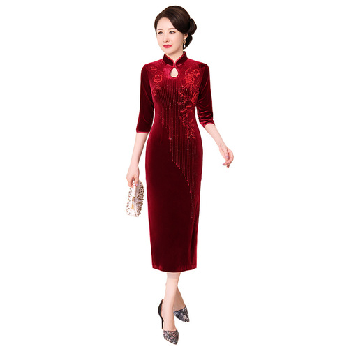 Chinese Dress Qipao for women robe red wedding banquet long cheongsam embroidery hot diamond gold velvet dress