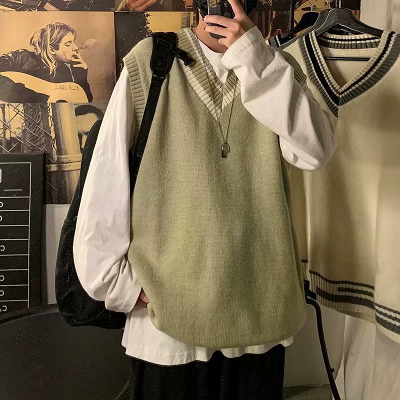 Sweater, brand trend demi-season vest, V-neckline, oversize, Korean style