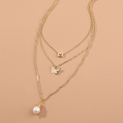 Japan and South Korea fashion grace multi-storey Necklace manual Beads Pendant Metal butterfly temperament Clavicle chain