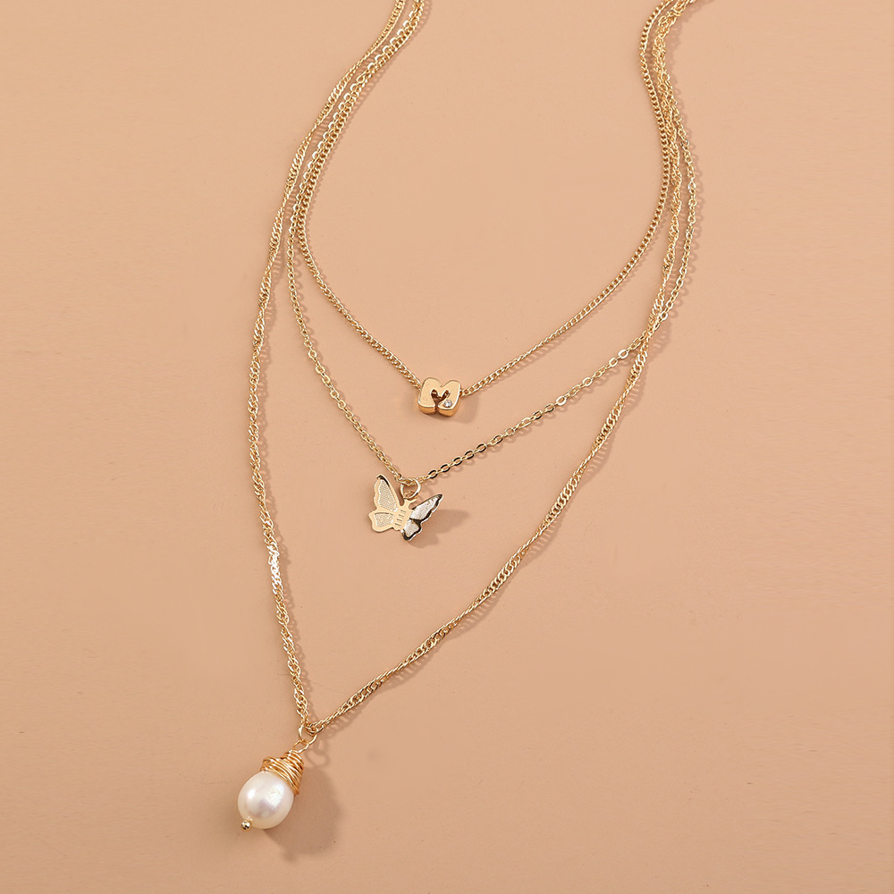 Japan and South Korea fashion grace multi-storey Necklace manual Beads Pendant Metal butterfly temperament Clavicle chain