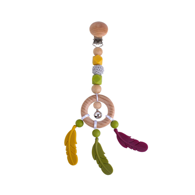 Bebé DIY creativo Beech anillo de juguete mordedor de dibujos animados pluma de silicona teether palo Pezón cadena anti-caída de la cadena Nuevo
