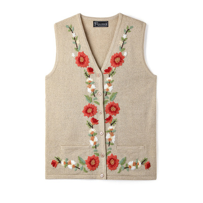 跨境民族森系女装毛衣羊毛混纺手工刺绣大码古着绣花V领马甲3956