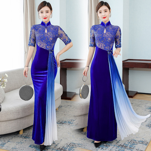 Royal blue Cheongsam young style noble Chinese style chinese dresses velvet autumn cheongsam lady ancient cheongsam
