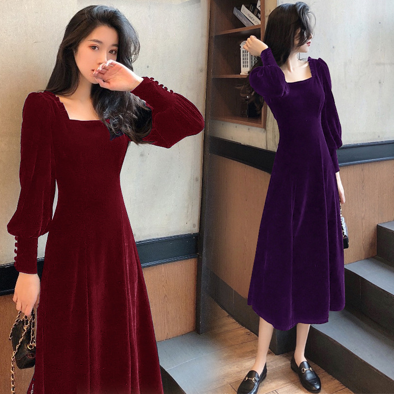 方领网红中长款长袖金丝绒连衣裙女秋冬韩版2020修身显瘦设计感