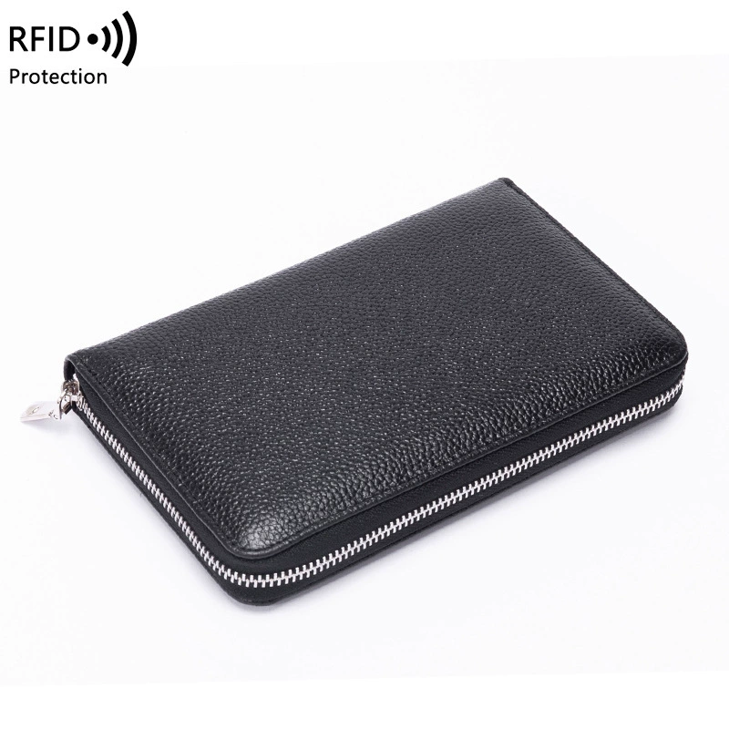 Кожаный паспортник, длинный кошелек из козьей кожи с защитой RFID, молния и цепь