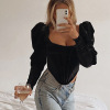 New Korean velvet long sleeve sexy chest Cup square neck short top