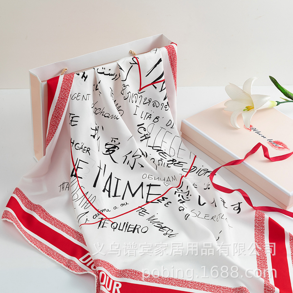 Valentine's Day 90cm Twill Square Scarf 38 Languages Printed Silk Scarf Shawl display picture 3