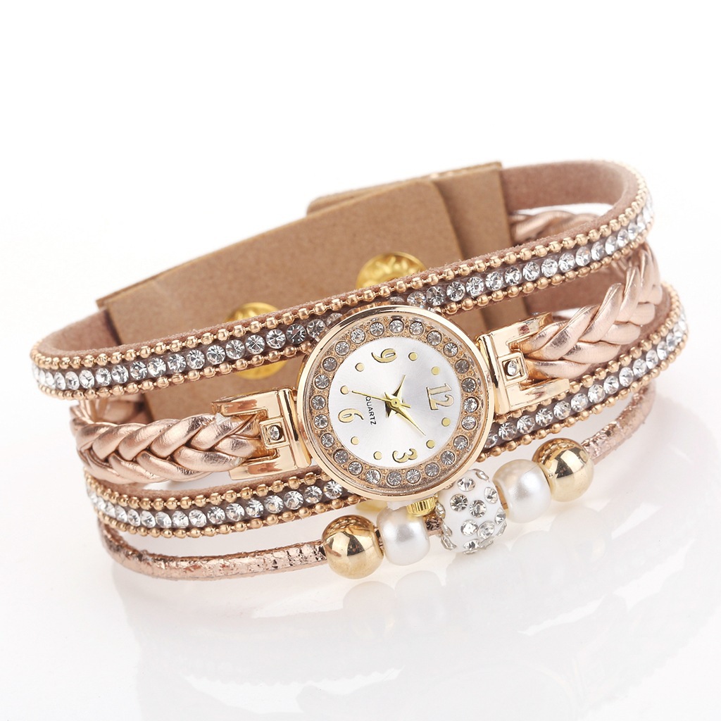 Fashion  Round Bracelet Diamond-studded Pearl Beaded Pu Belt Watch display picture 8