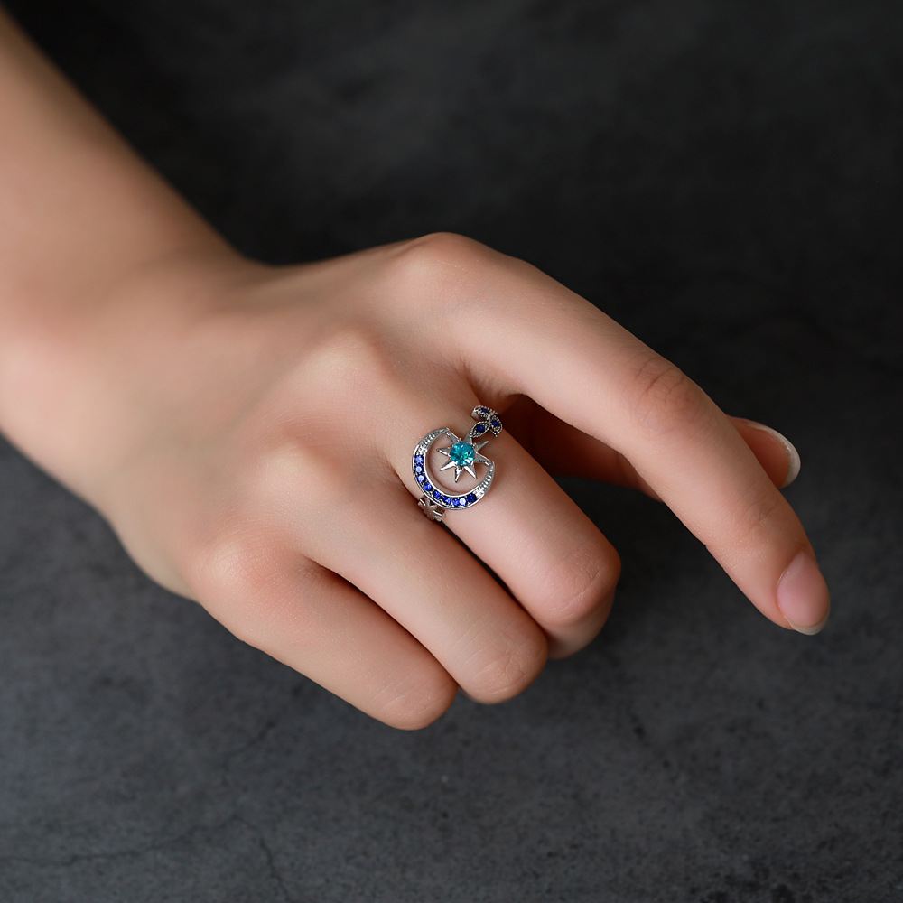 Bright Blue Star Ring Women Personality Fashion Star Moon Opening Index Finger Ring Explosion Accessories Wholesale Nihaojewelry display picture 2