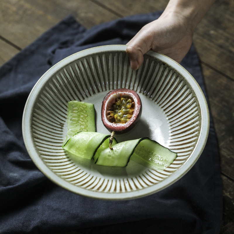 Jingdezhen handmade stoneware carving texture deep plate ceramic ins plate creative Net red plate beautiful Japanese plate