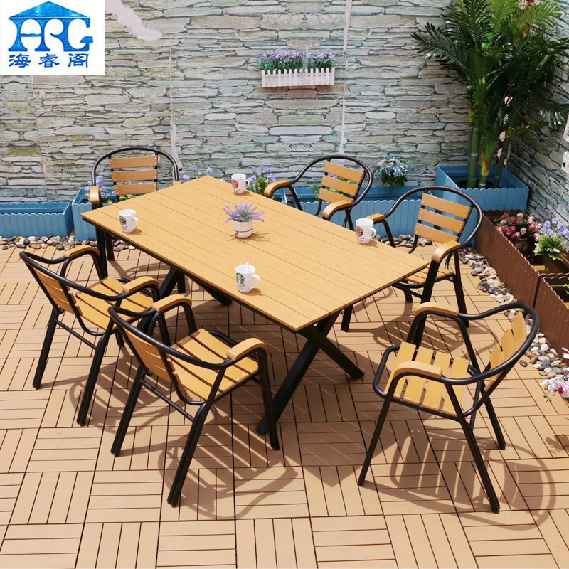 Outdoor metal tables and chair anti -corrosion wood park community courtyard homestay balcony coffee table casual plastic wood furniture combination
