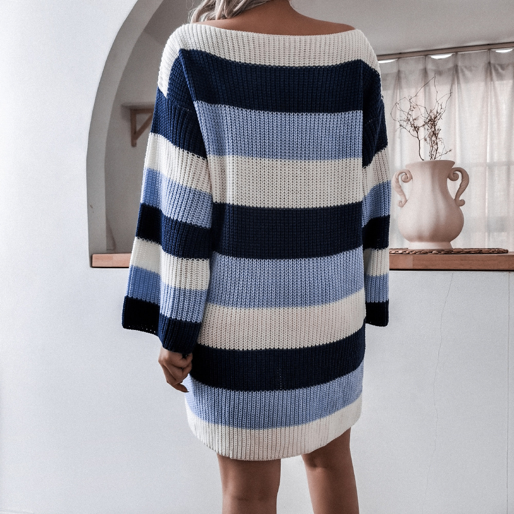 One-Word Neck Strapless Loose Striped Knitted Dress NSBJ97938